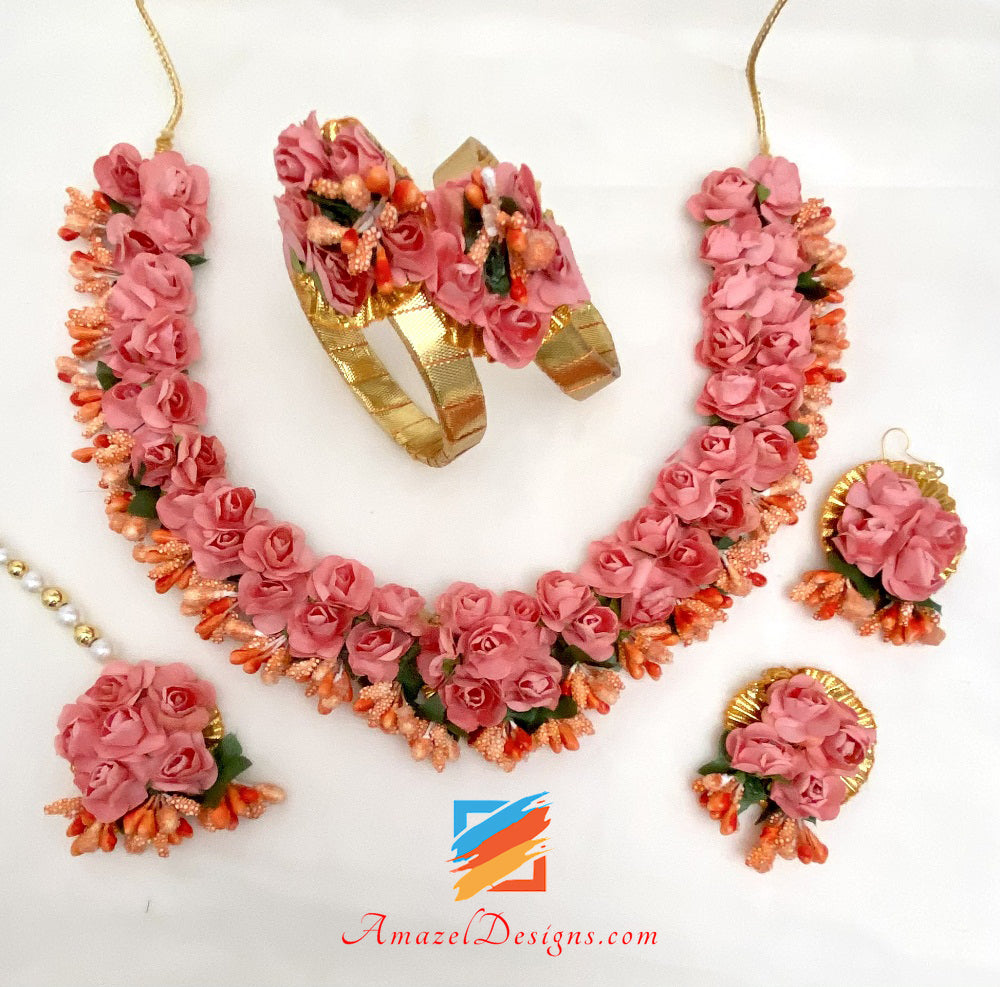 Pink Flower Necklace Earrings Tikka And Kadas