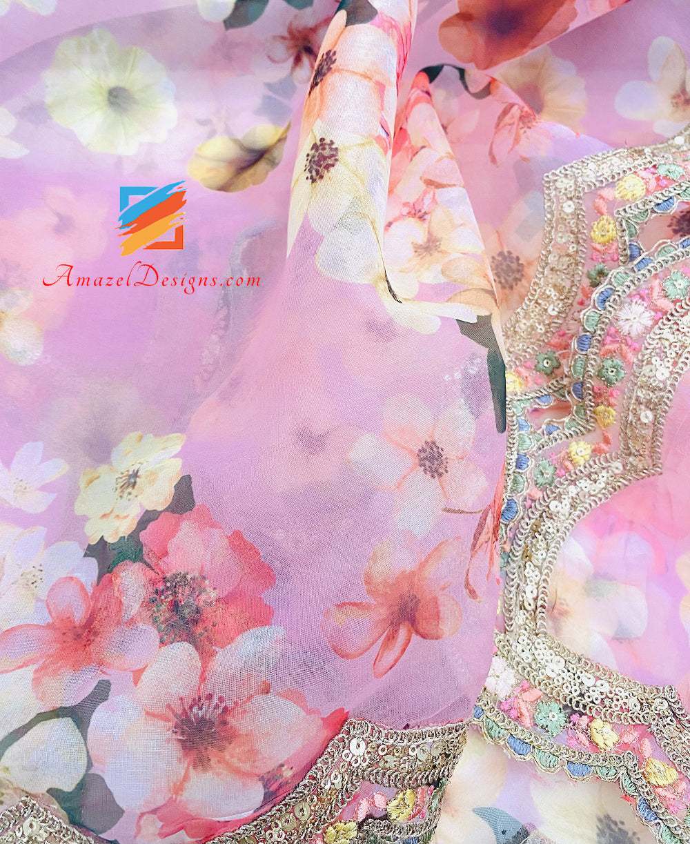 Rosa bedruckte vierseitige Cutwork-Spitze aus Organza