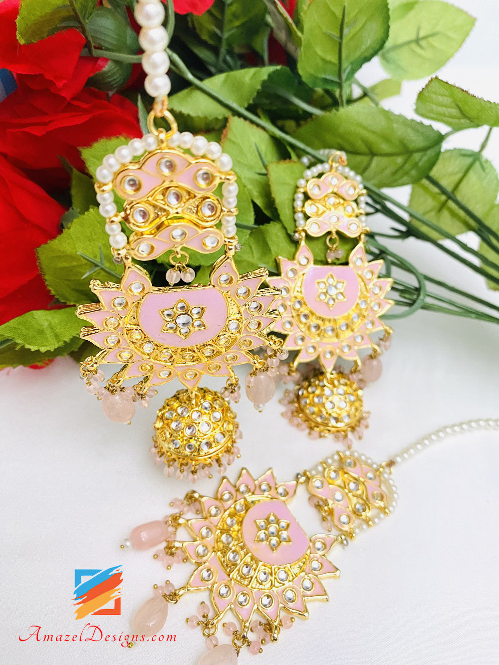 Pink Kundan Chandbali Jhumki Earrings Tikka Set