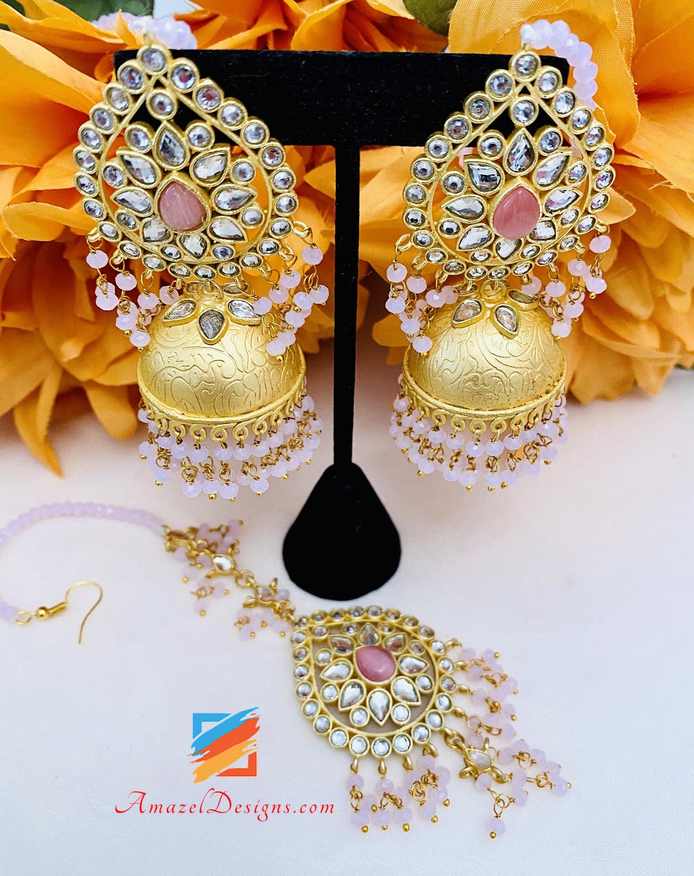 Rosa Kundan Jhumka Tikka Set