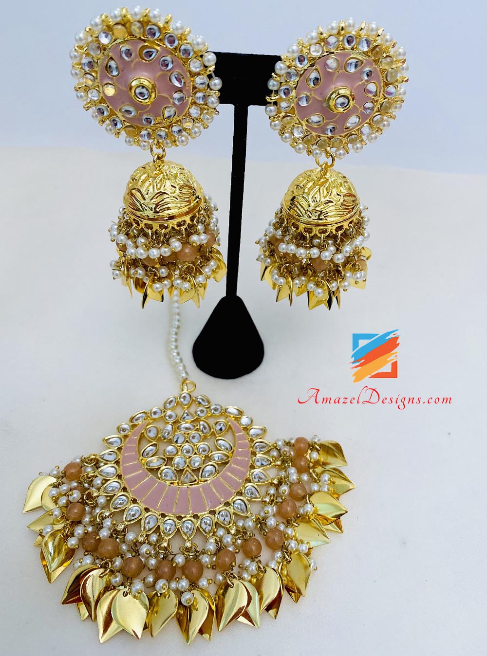 Set Tikka oversize rosa Pippal Patti Jhumka