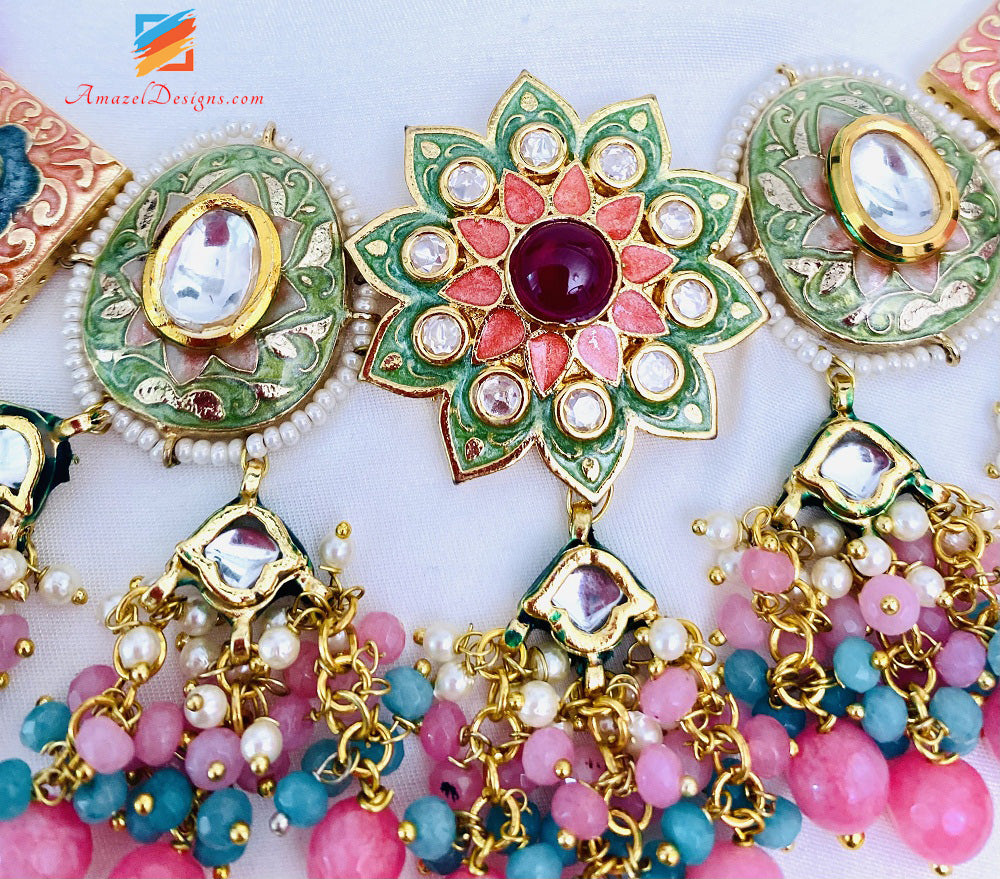 Pink Meenakari Hand Painted Necklace And Earrings Set