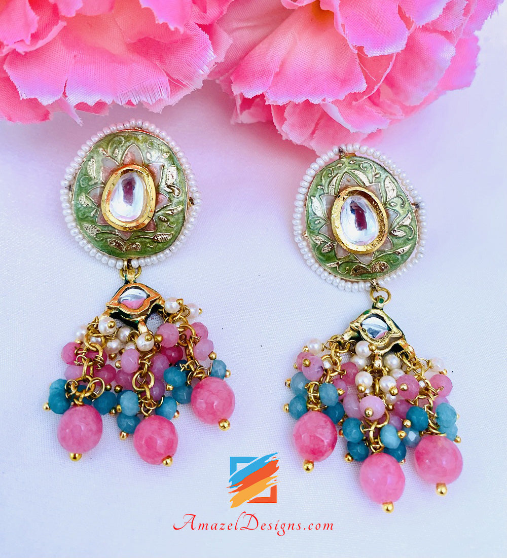Pink Meenakari Hand Painted Necklace And Earrings Set