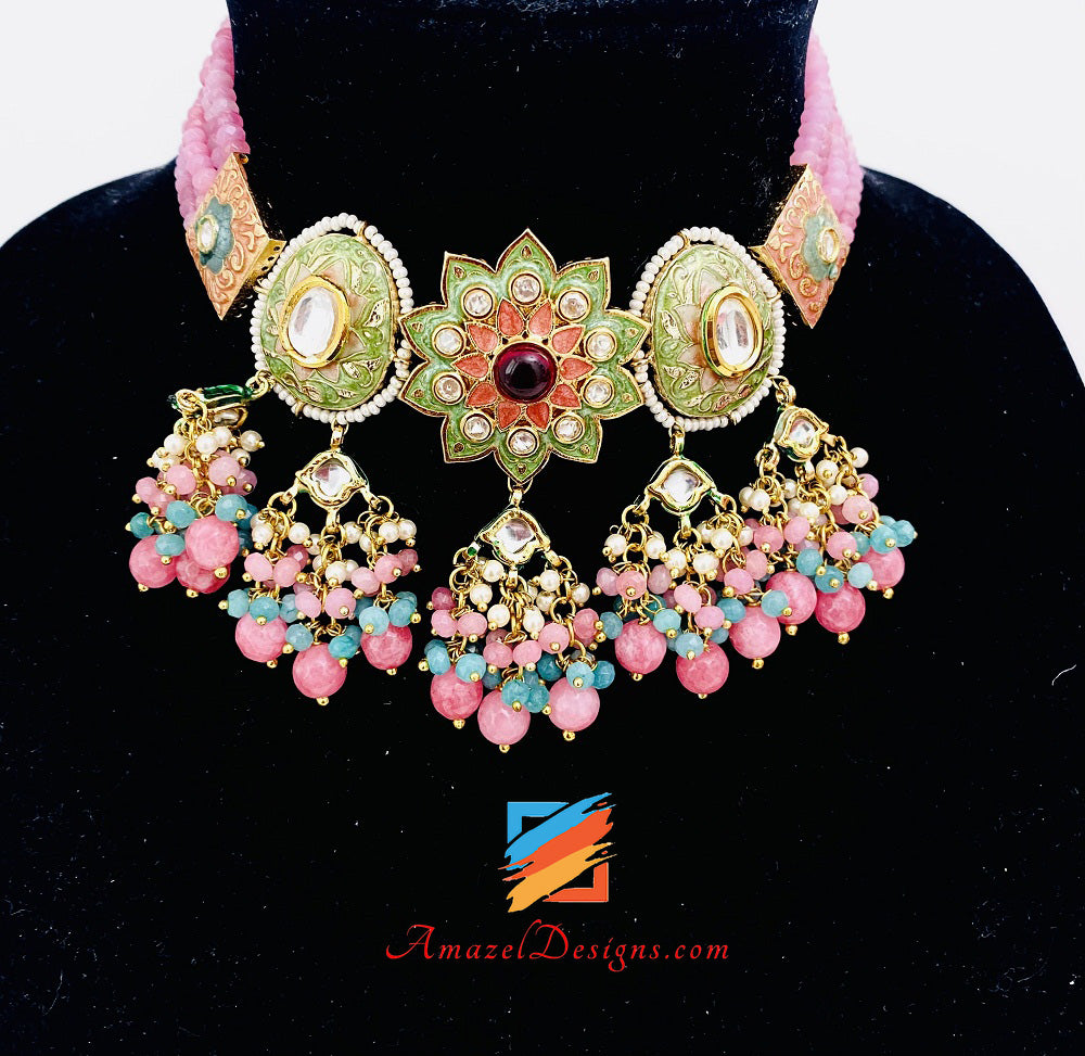 Pink Meenakari Hand Painted Necklace And Earrings Set