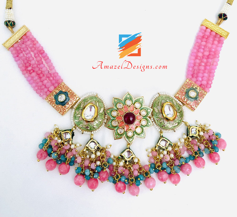 Pink Meenakari Hand Painted Necklace And Earrings Set