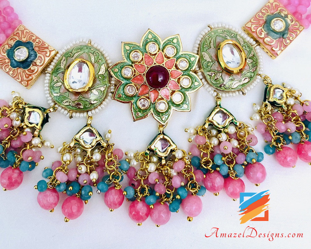 Pink Meenakari Hand Painted Necklace And Earrings Set