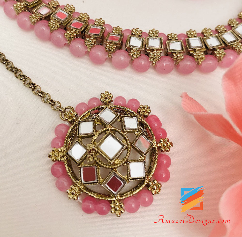 Pink Mirror Single Line Choker Necklace Studs Earrings Tikka Set