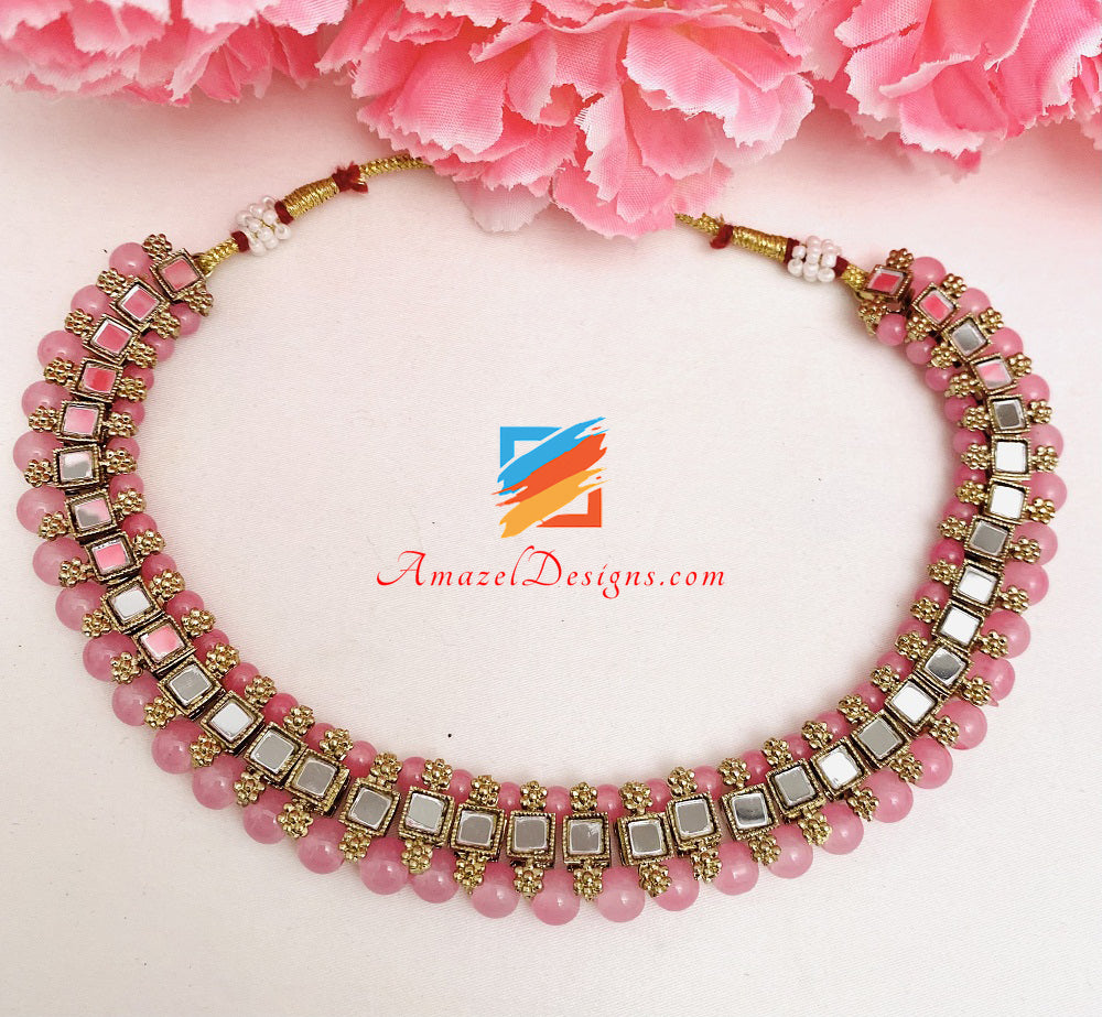 Pink Mirror Single Line Choker Necklace Studs Earrings Tikka Set