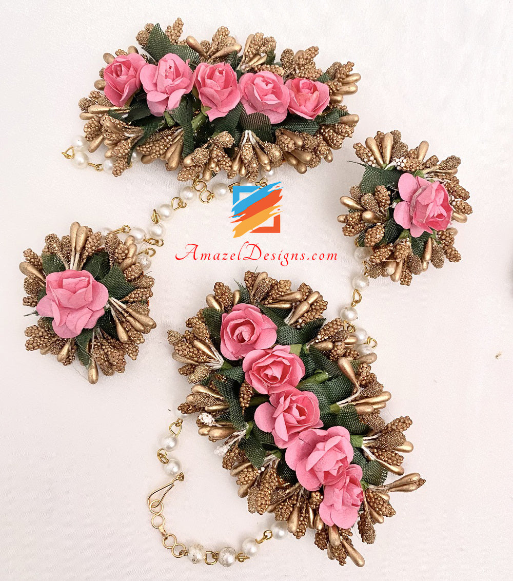 Pink Necklace Earrings Tikka And Hand Pieces Set