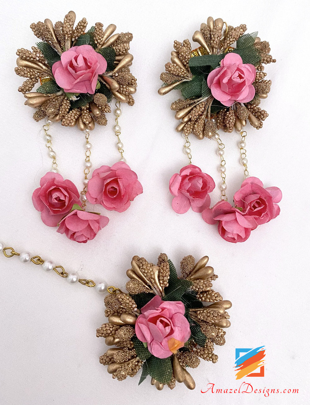 Pink Necklace Earrings Tikka And Hand Pieces Set