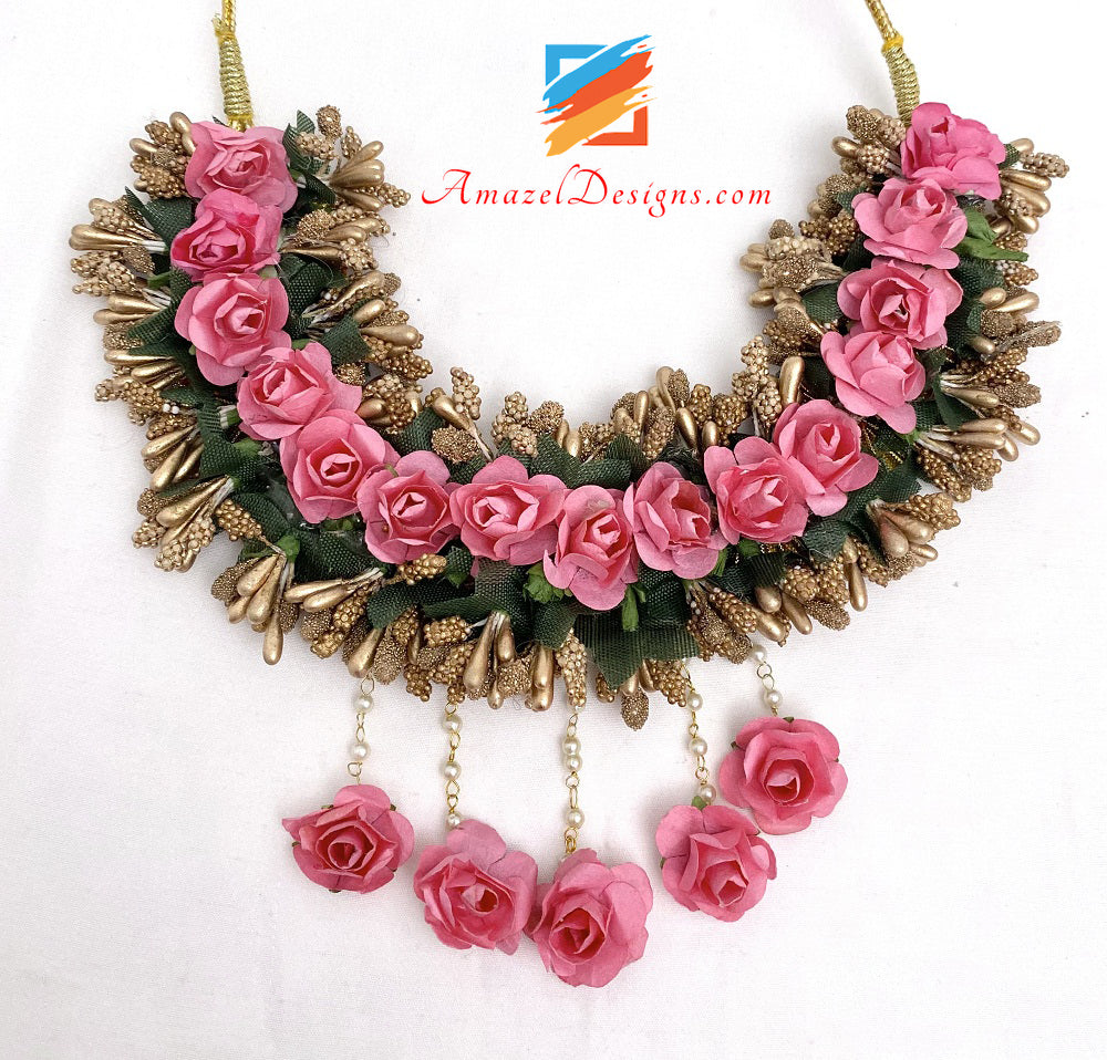 Pink Necklace Earrings Tikka And Hand Pieces Set