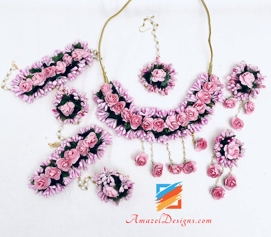 Pink Necklace Earrings Tikka And Hand Pieces Set