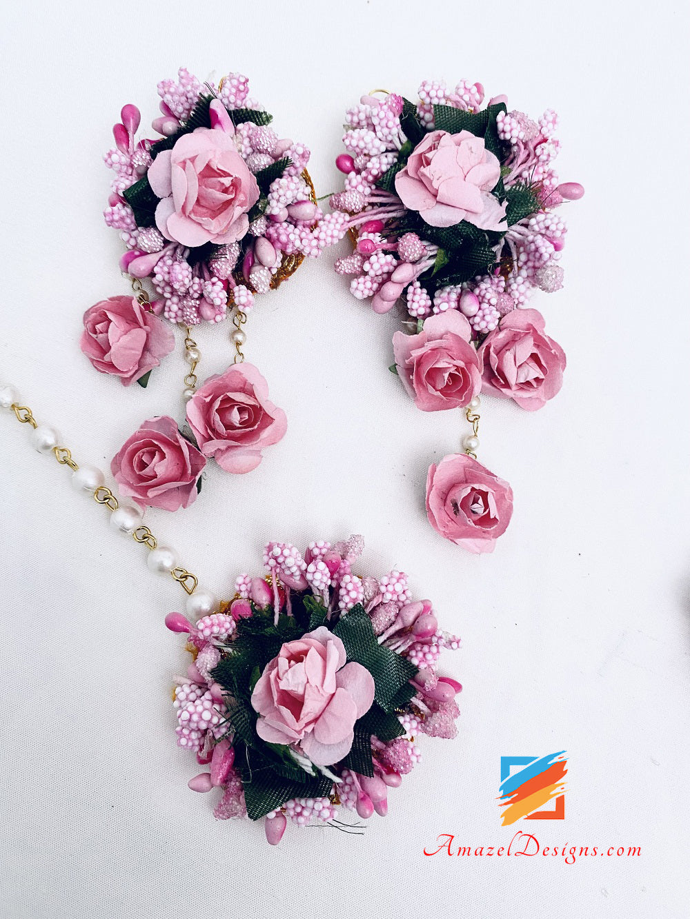 Pink Necklace Earrings Tikka And Hand Pieces Set