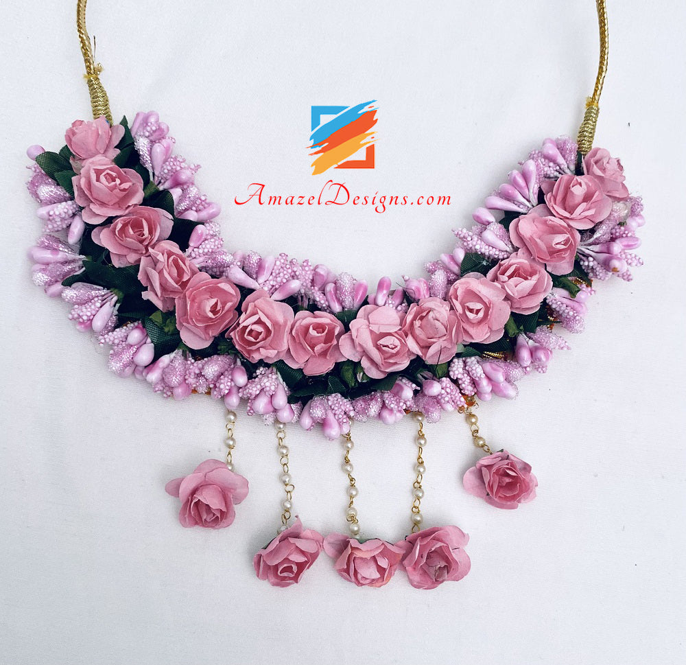 Pink Necklace Earrings Tikka And Hand Pieces Set