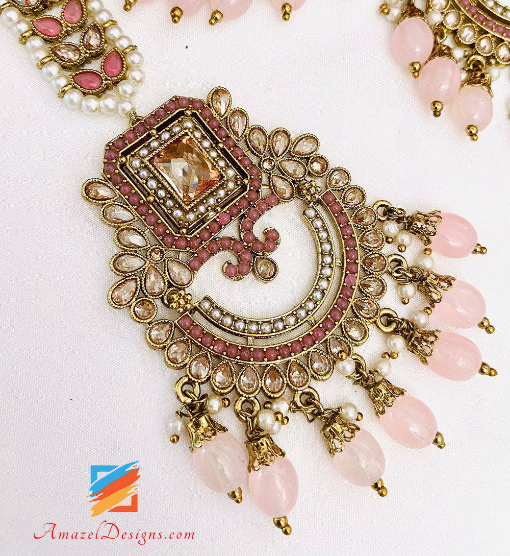 Pink Polki Earrings Tikka Set