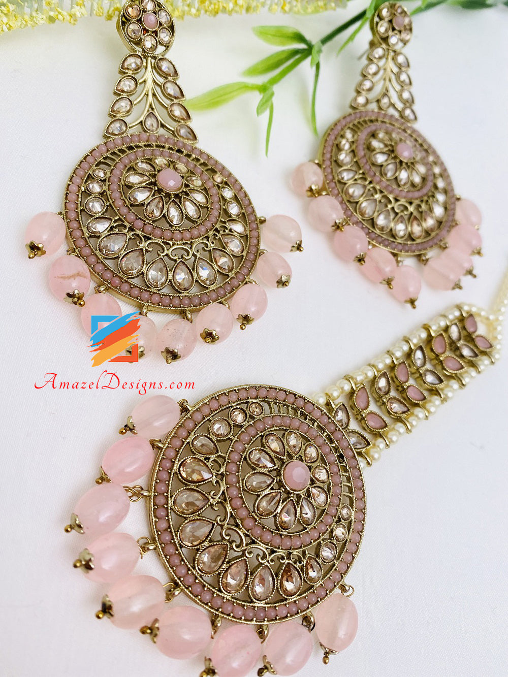 Rosa Polki Ohrringe Tikka Set