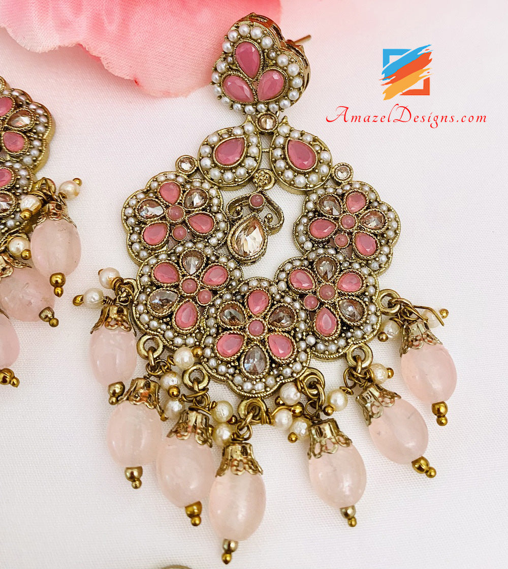 Pink Polki Earrings Tikka Set