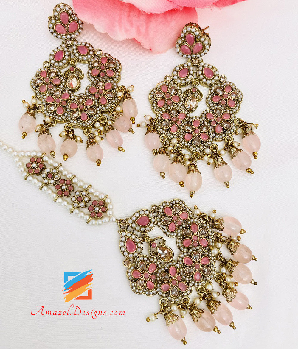 Pink Polki Earrings Tikka Set