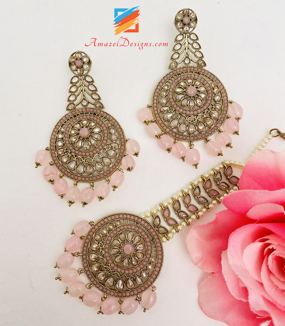 Rosa Polki Ohrringe Tikka Set