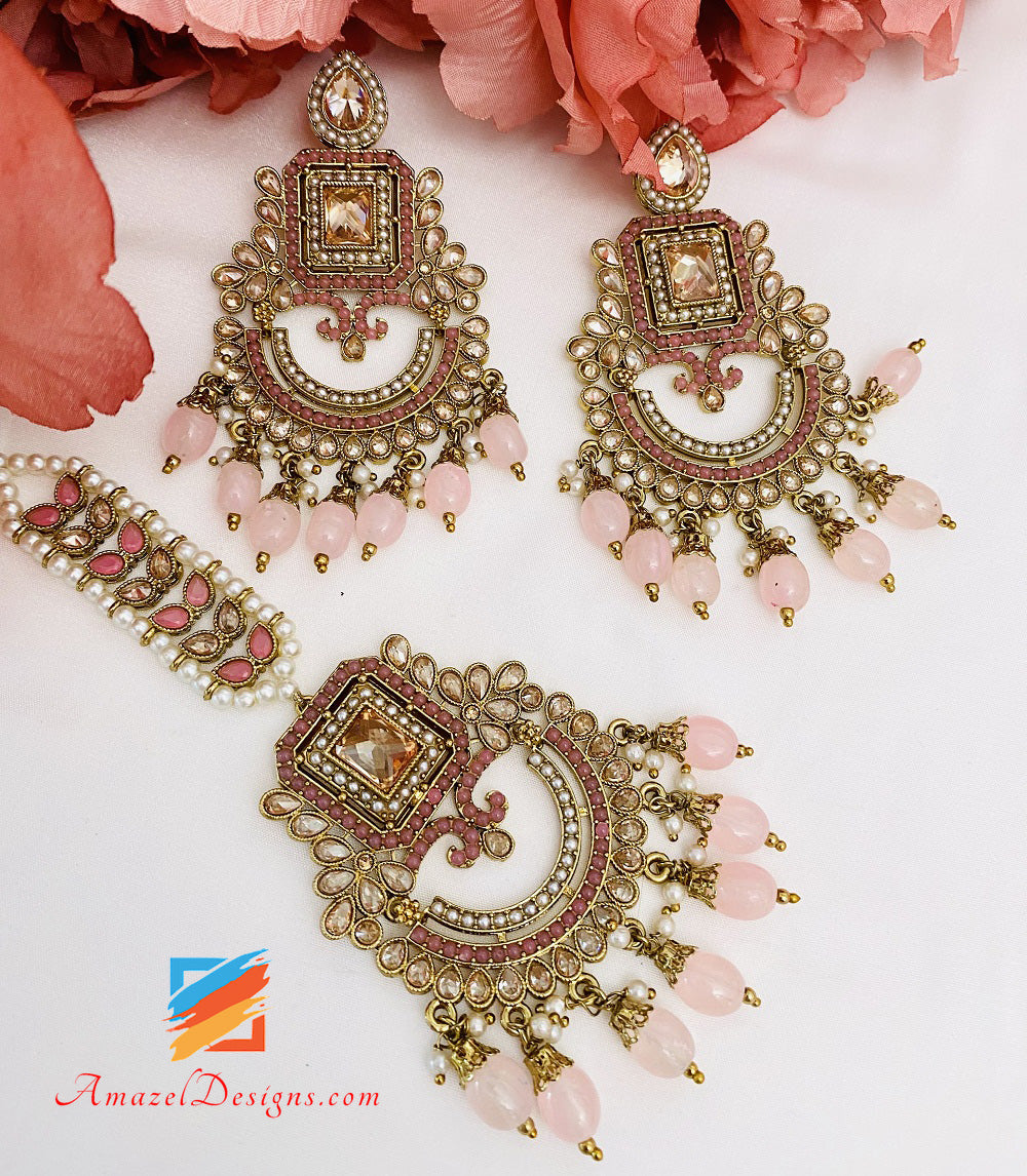 Pink Polki Earrings Tikka Set
