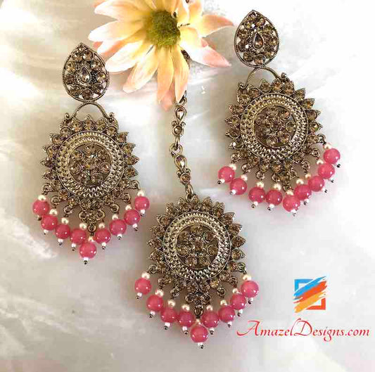 Pink Beads Earring Tikka Set