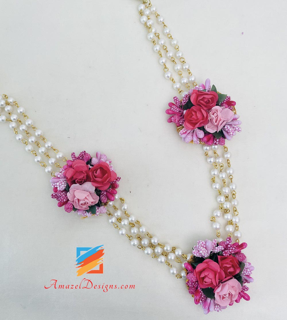 Pink and Magenta Choker With Long Mala Earrings Tikka
