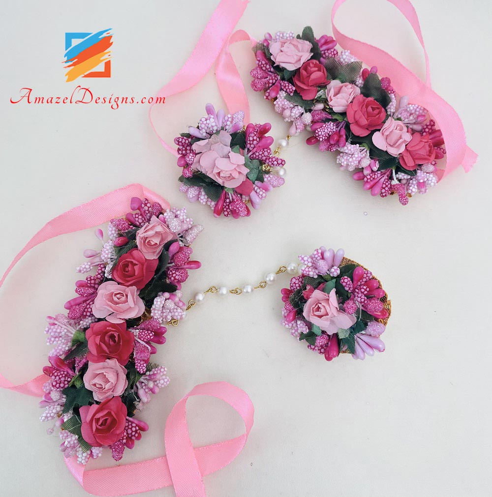 Pink and Magenta Choker With Long Mala Earrings Tikka