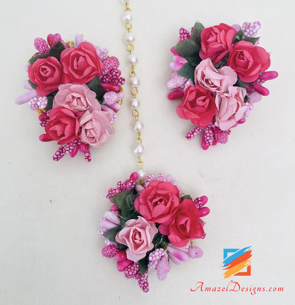 Pink and Magenta Choker With Long Mala Earrings Tikka