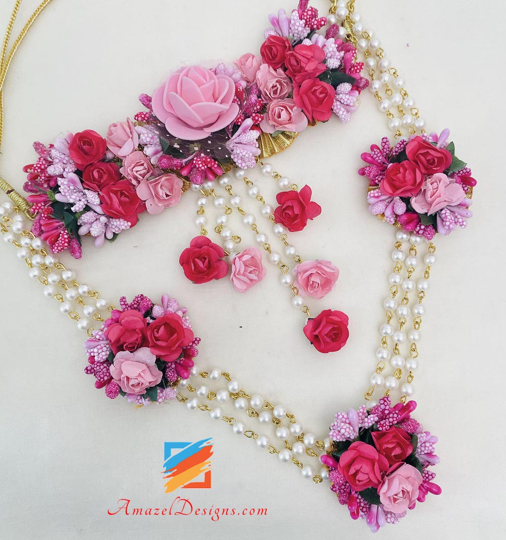 Pink and Magenta Choker With Long Mala Earrings Tikka