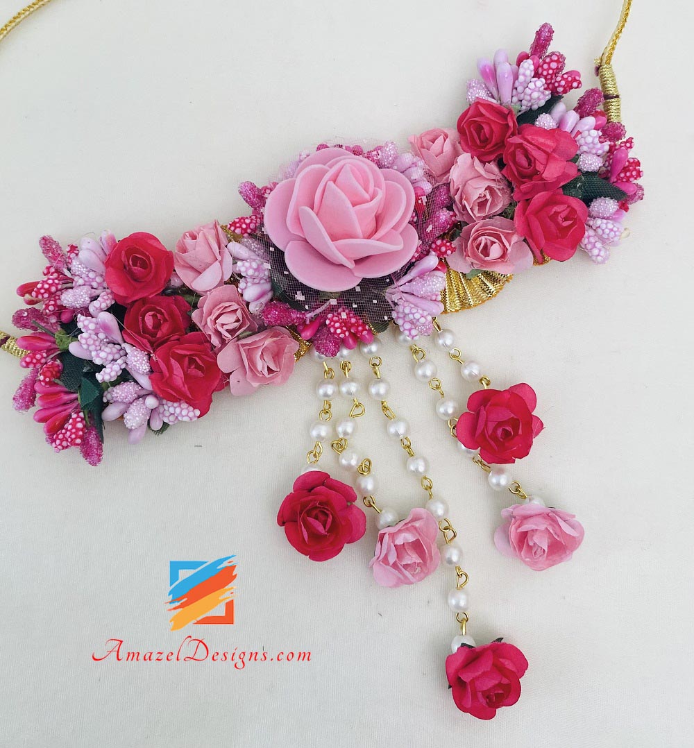 Pink and Magenta Choker With Long Mala Earrings Tikka