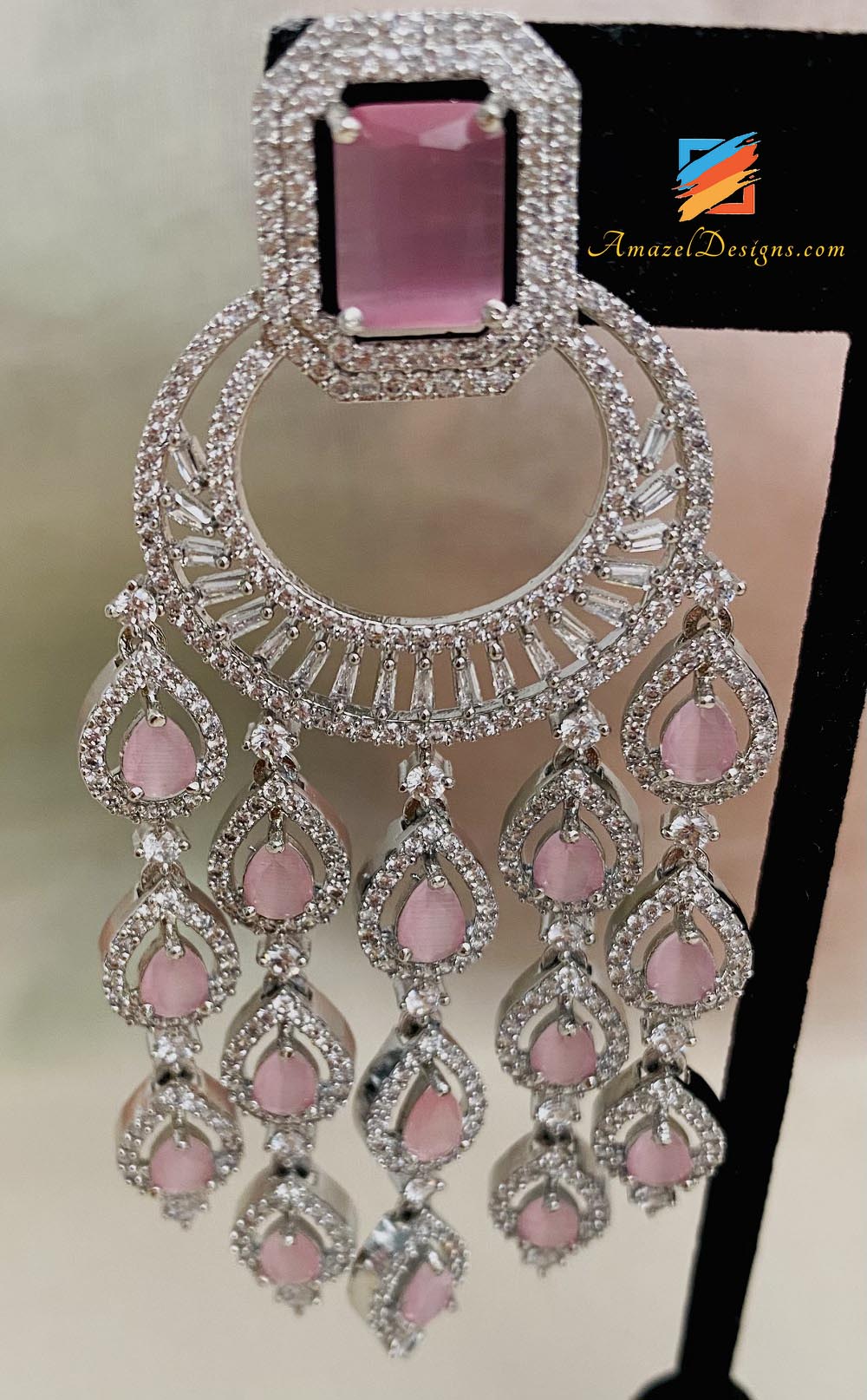Pink and Silver American Diamond (AD) Earrings