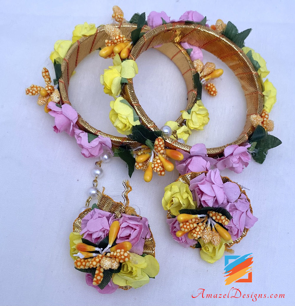 Pink and Yellow Flower Necklace Earrings Tikka Set