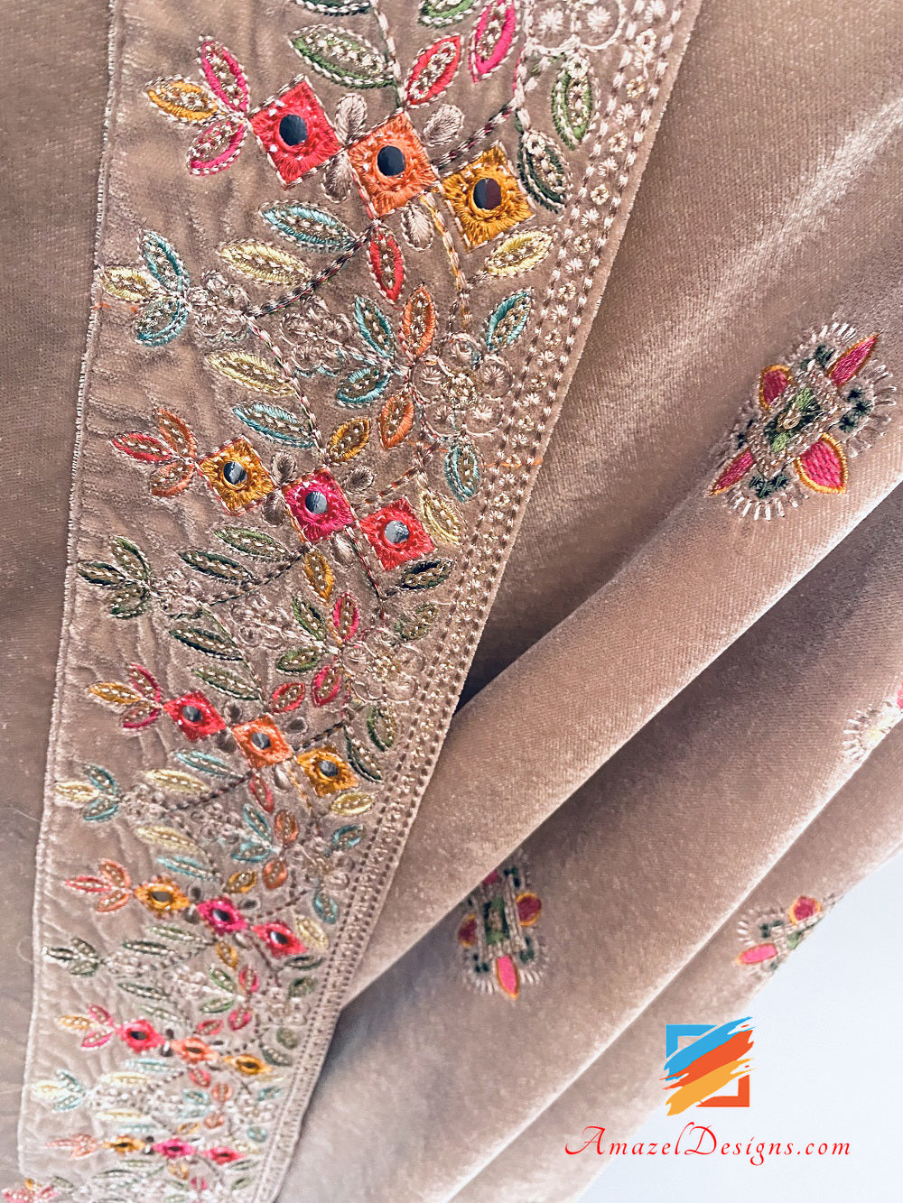 Pinkish Skin Velvet Mirror Thread Velvet Shawl