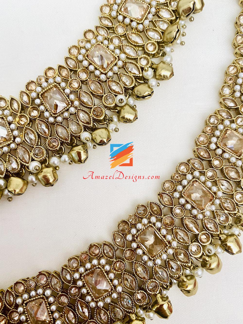Polki Anklets With Bells And White Beads
