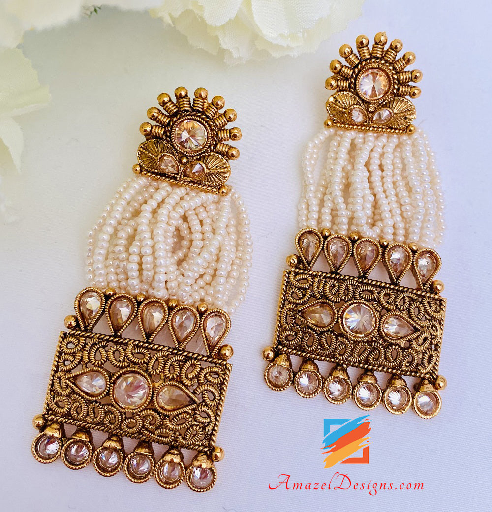 Polki Antique Dull Gold Small Hanging Beads Earrings