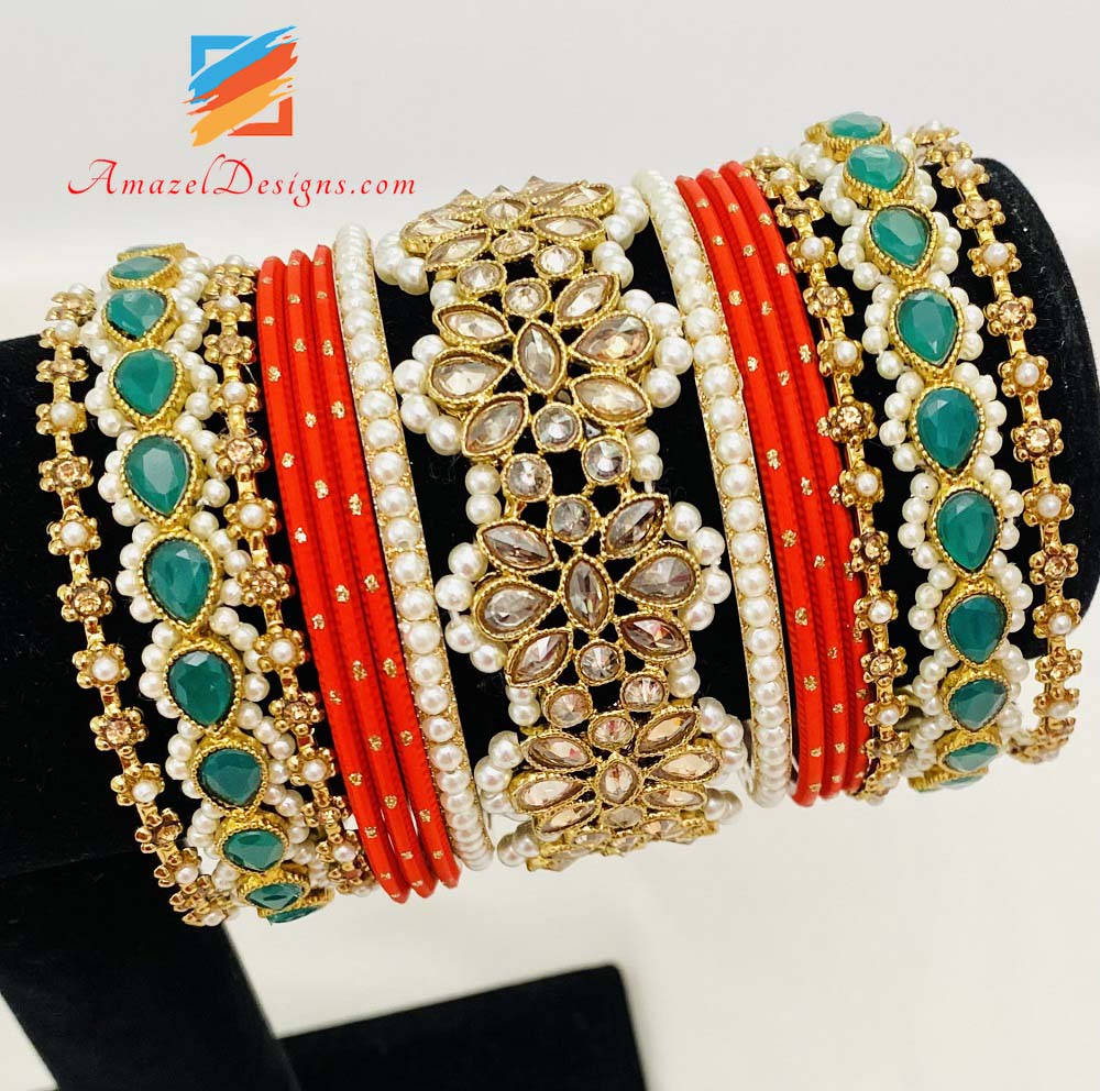 Polki Champagne Kada Red Green Bangle Set
