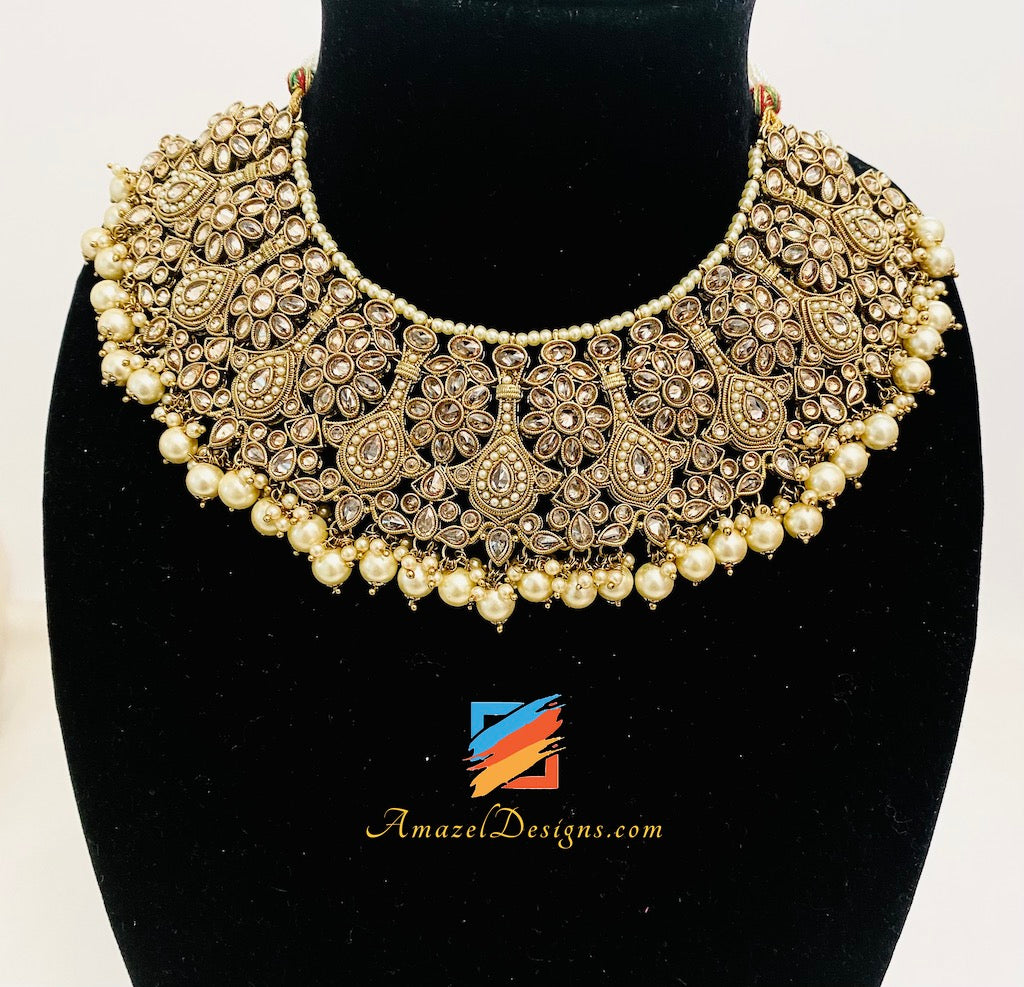 Polki Champagne Bridal Necklace Choker Earrings Tikka Nath and Jhumer Set