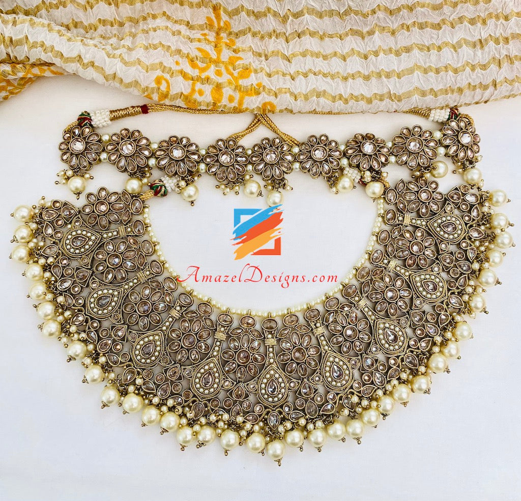Polki Champagne Bridal Necklace Choker Earrings Tikka Nath and Jhumer Set