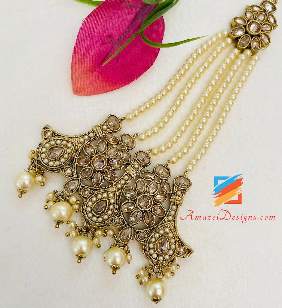 Polki Champagne Bridal Necklace Choker Earrings Tikka Nath and Jhumer Set