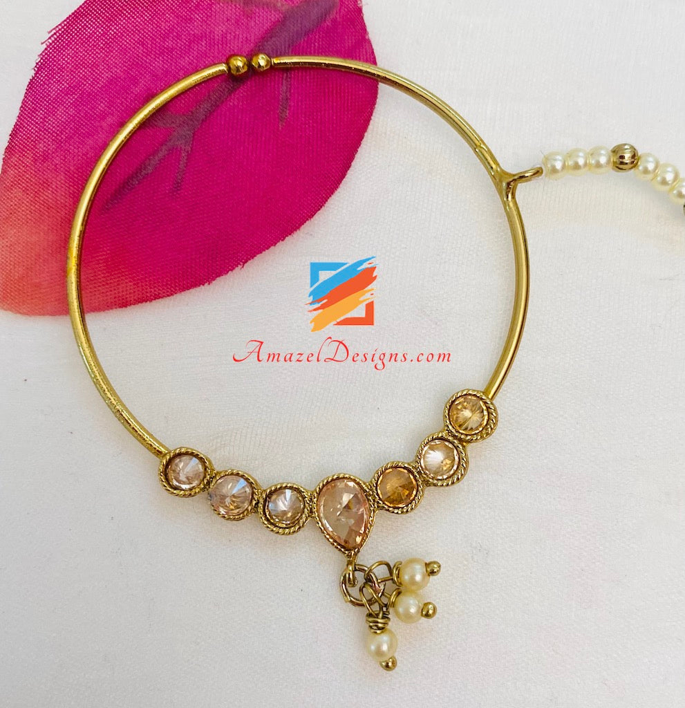 Polki Champagne Bridal Necklace Choker Earrings Tikka Nath and Jhumer Set
