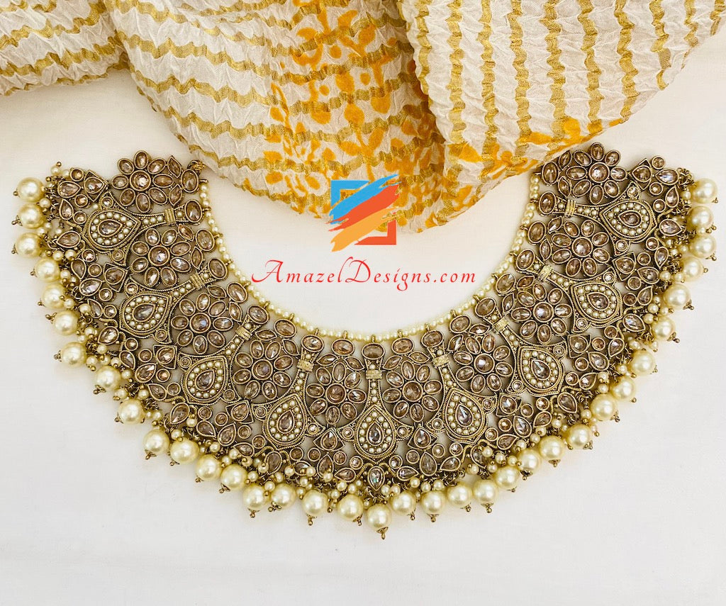 Polki Champagne Bridal Necklace Choker Earrings Tikka Nath and Jhumer Set