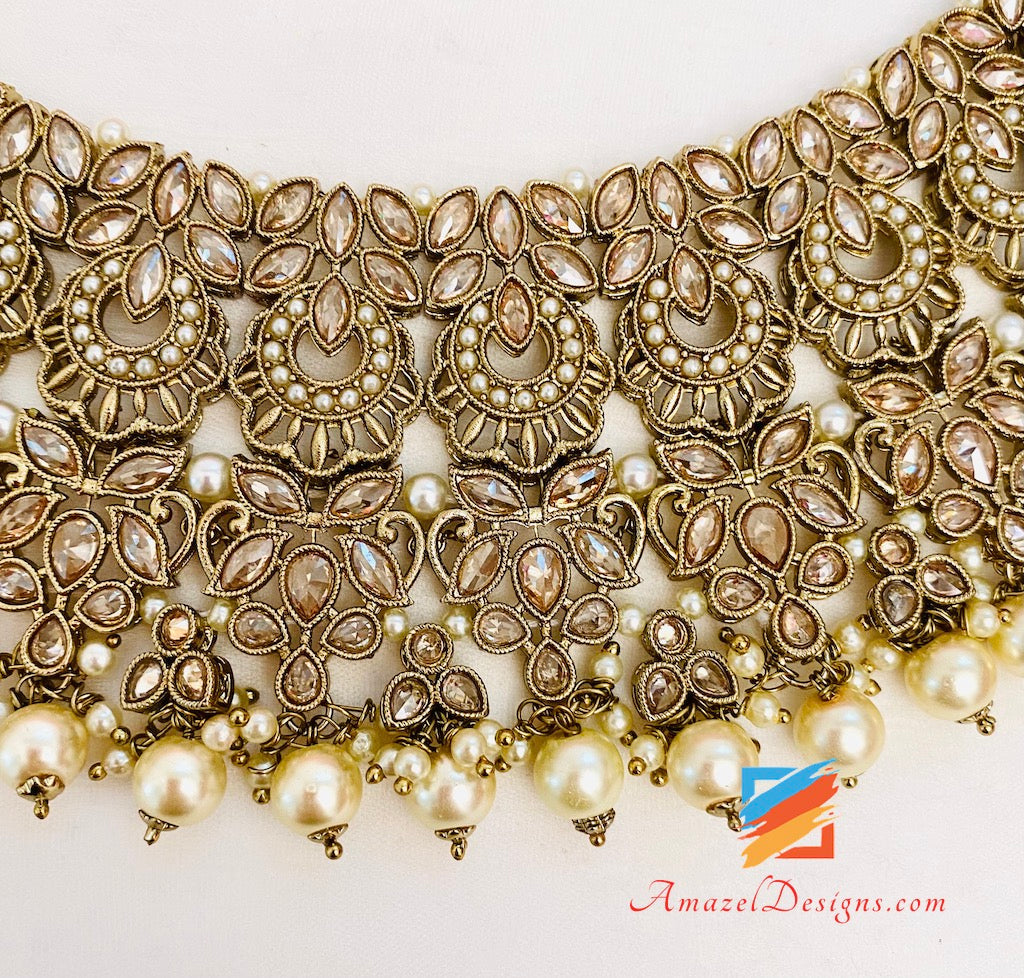 Polki Champagne Bridal Necklace Choker Earrings Tikka Jhumki Nath and Jhummer Set