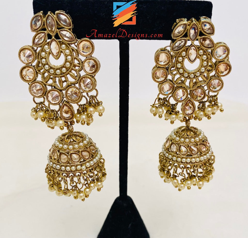 Polki Champagne Bridal Necklace Choker Earrings Tikka Jhumki Nath and Jhummer Set