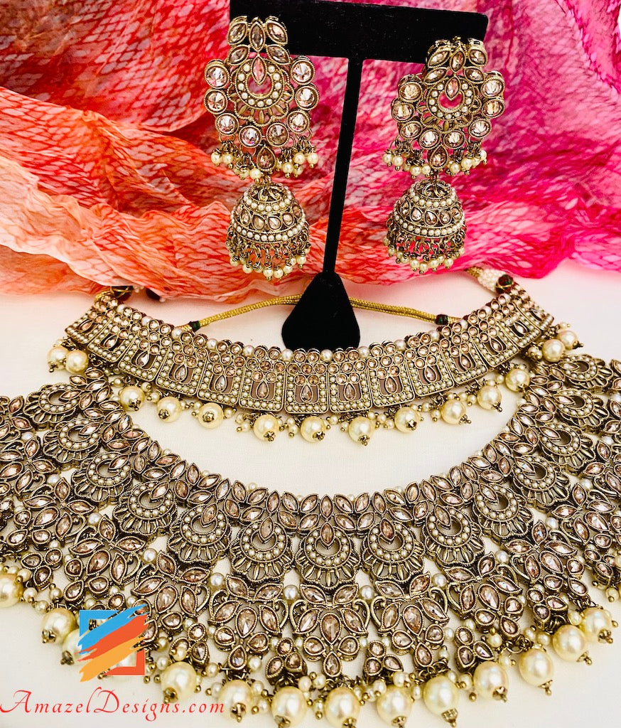 Polki Champagne Bridal Necklace Choker Earrings Tikka Jhumki Nath and Jhummer Set
