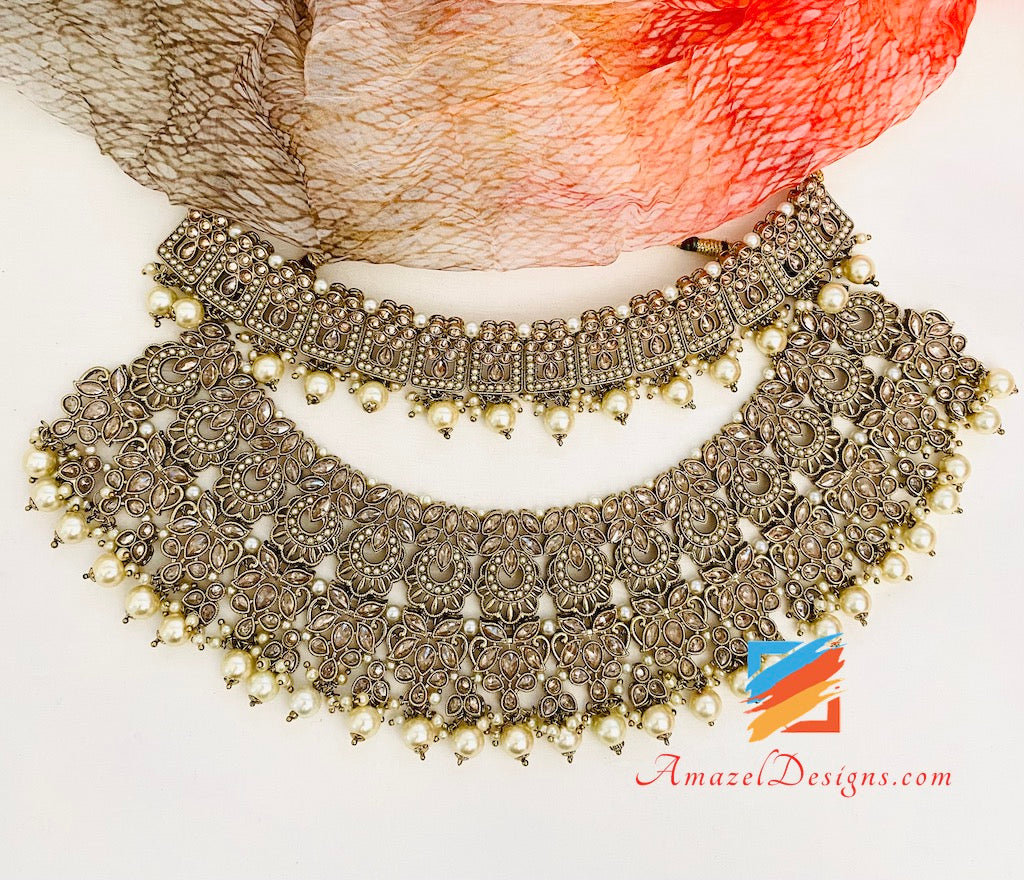 Polki Champagne Bridal Necklace Choker Earrings Tikka Jhumki Nath and Jhummer Set