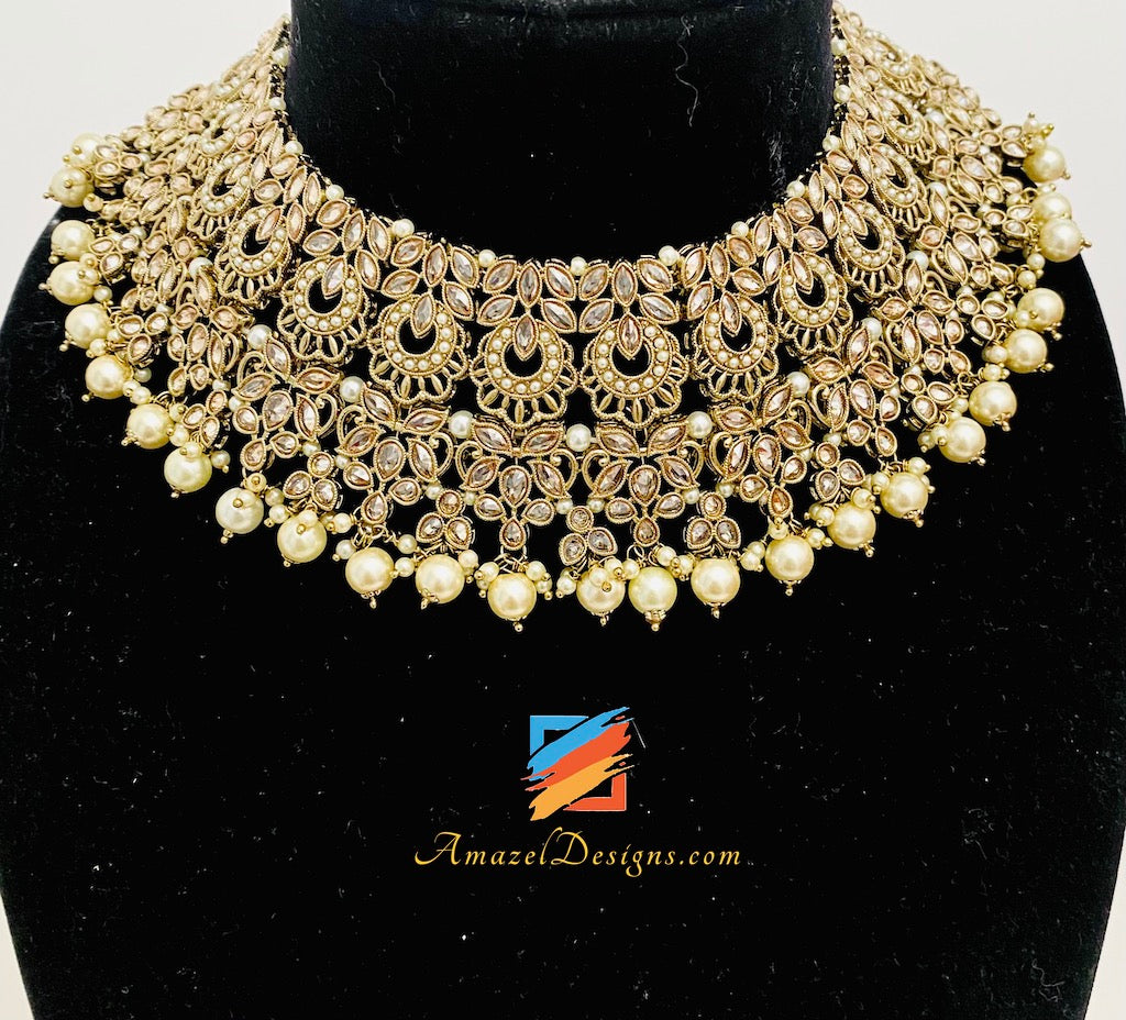 Polki Champagne Bridal Necklace Choker Earrings Tikka Jhumki Nath and Jhummer Set