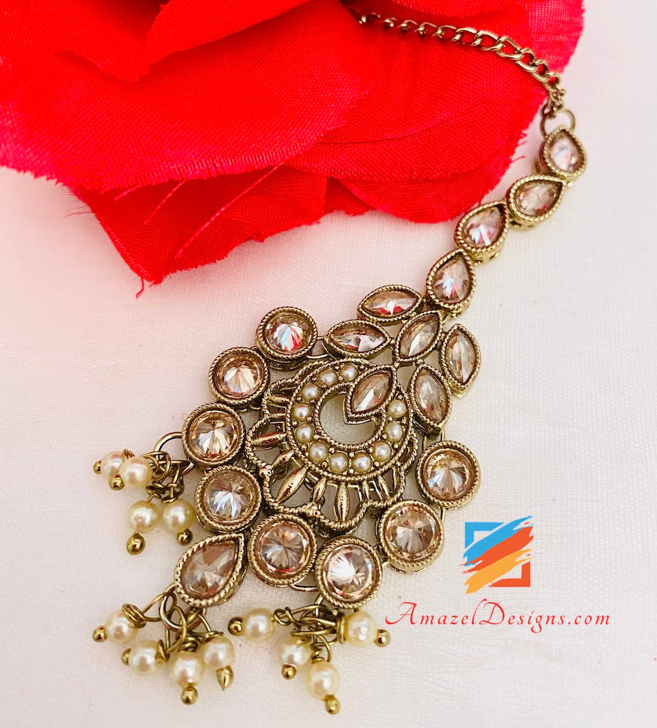 Polki Champagne Bridal Necklace Choker Earrings Tikka Jhumki Nath and Jhummer Set