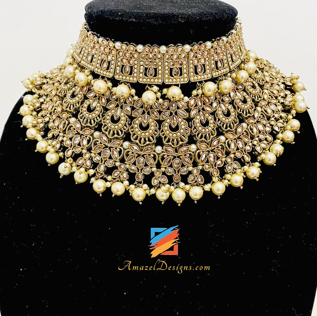 Polki Champagne Bridal Necklace Choker Earrings Tikka Jhumki Nath and Jhummer Set
