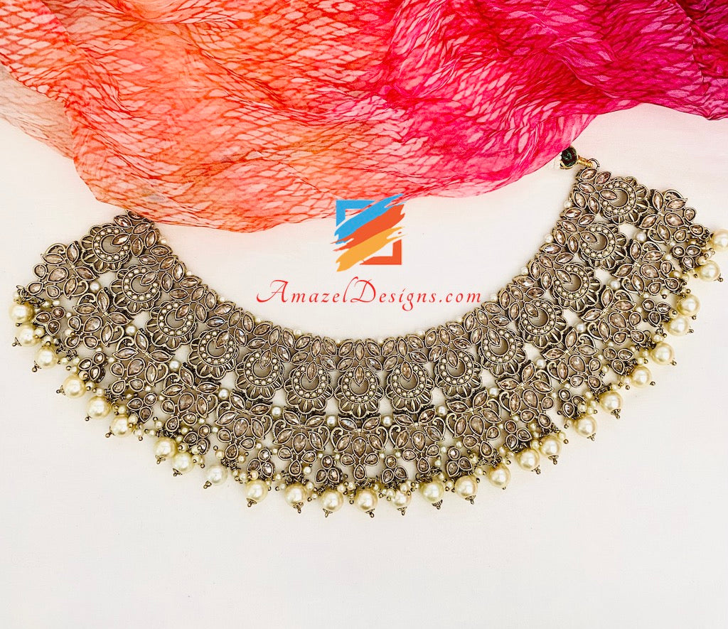 Polki Champagne Bridal Necklace Choker Earrings Tikka Jhumki Nath and Jhummer Set