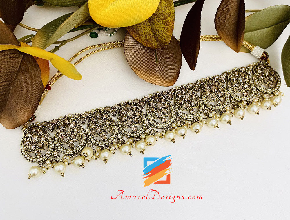 Polki Champagne Bridal Necklace Choker Earrings Tikka Nath And Pasa Set